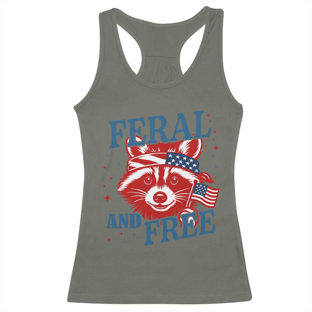 Funny Feral and Free Raccoon Racerback Tank Top Patriotic Bandana Animal 4th of July US Flag TS02 Military Green Print Your Wear