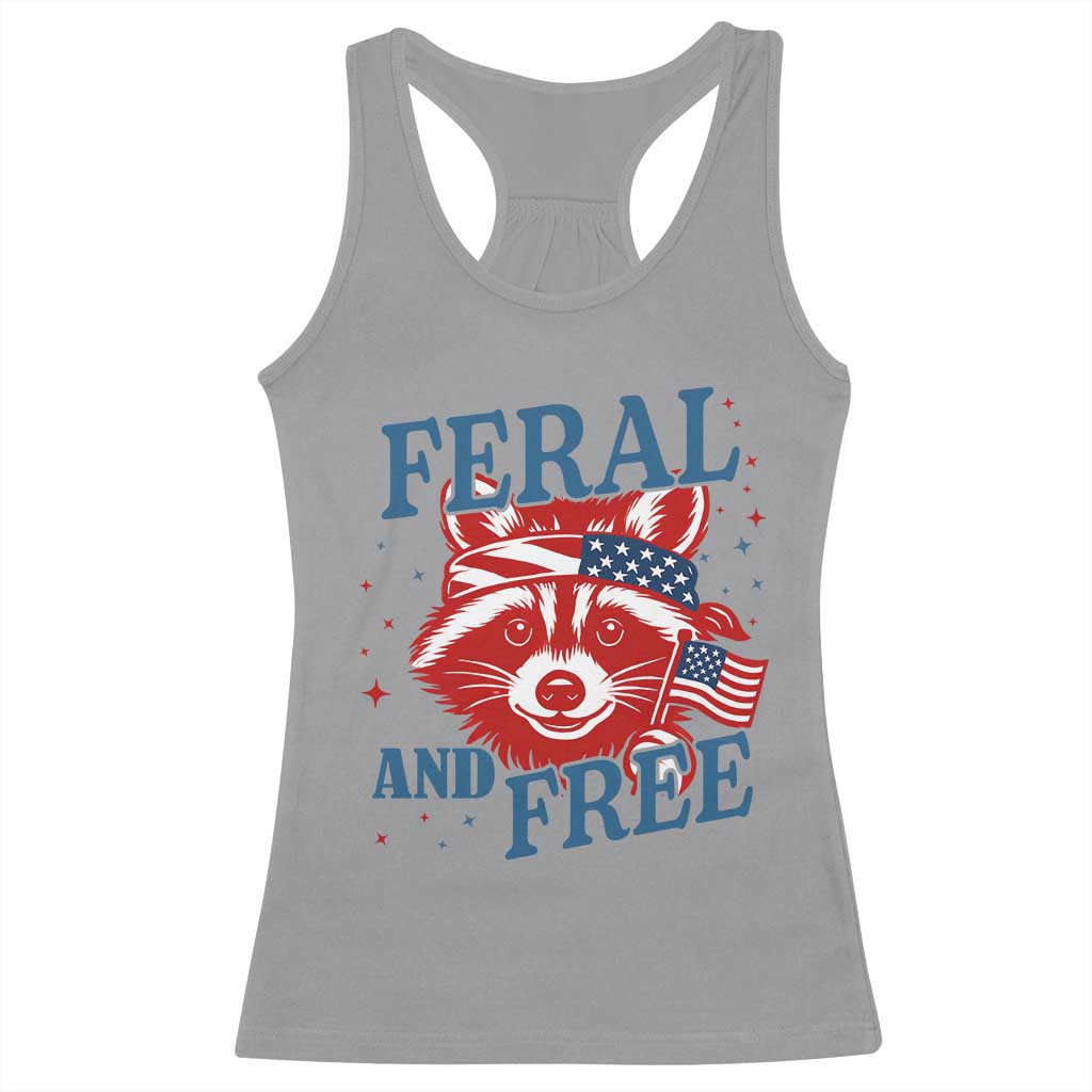Funny Feral and Free Raccoon Racerback Tank Top Patriotic Bandana Animal 4th of July US Flag TS02 Sport Gray Print Your Wear