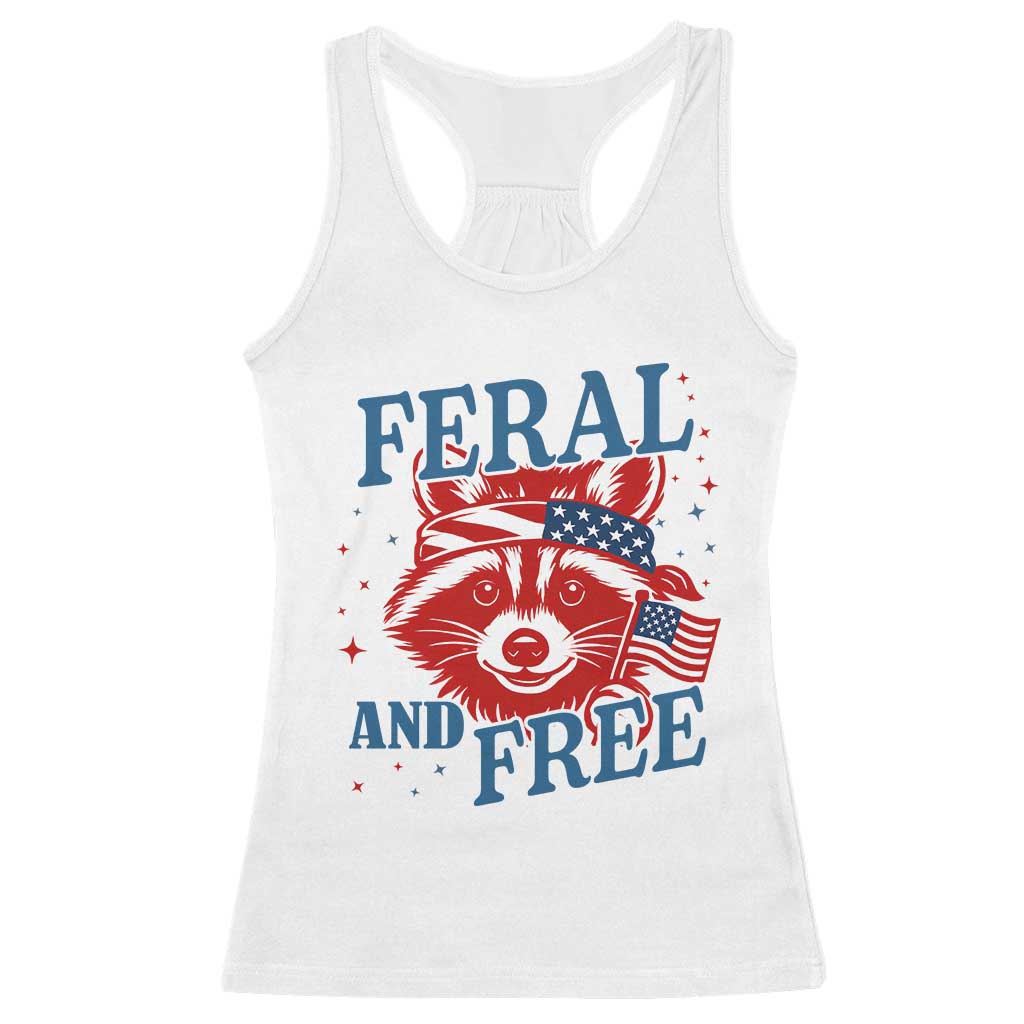 Funny Feral and Free Raccoon Racerback Tank Top Patriotic Bandana Animal 4th of July US Flag TS02 White Print Your Wear