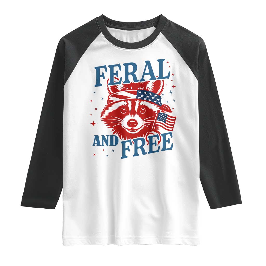 Funny Feral and Free Raccoon Raglan Shirt Patriotic Bandana Animal 4th of July US Flag TS02 White Black Print Your Wear