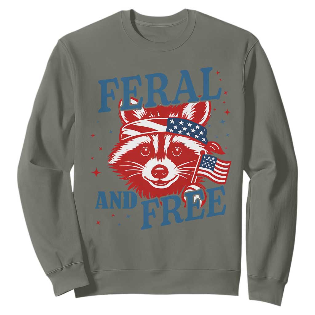 Funny Feral and Free Raccoon Sweatshirt Patriotic Bandana Animal 4th of July US Flag TS02 Military Green Print Your Wear