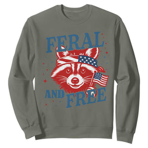 Funny Feral and Free Raccoon Sweatshirt Patriotic Bandana Animal 4th of July US Flag TS02 Military Green Print Your Wear