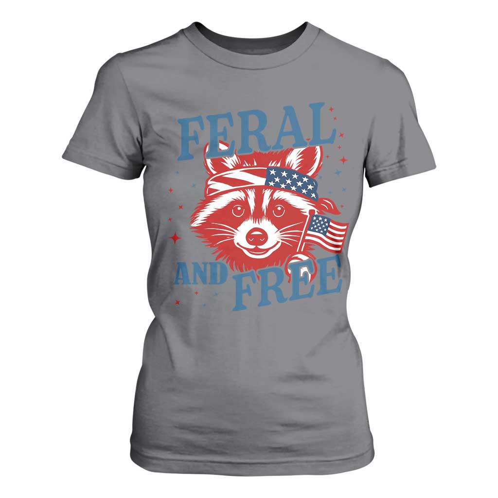 Funny Feral and Free Raccoon T Shirt For Women Patriotic Bandana Animal 4th of July US Flag TS02 Charcoal Print Your Wear