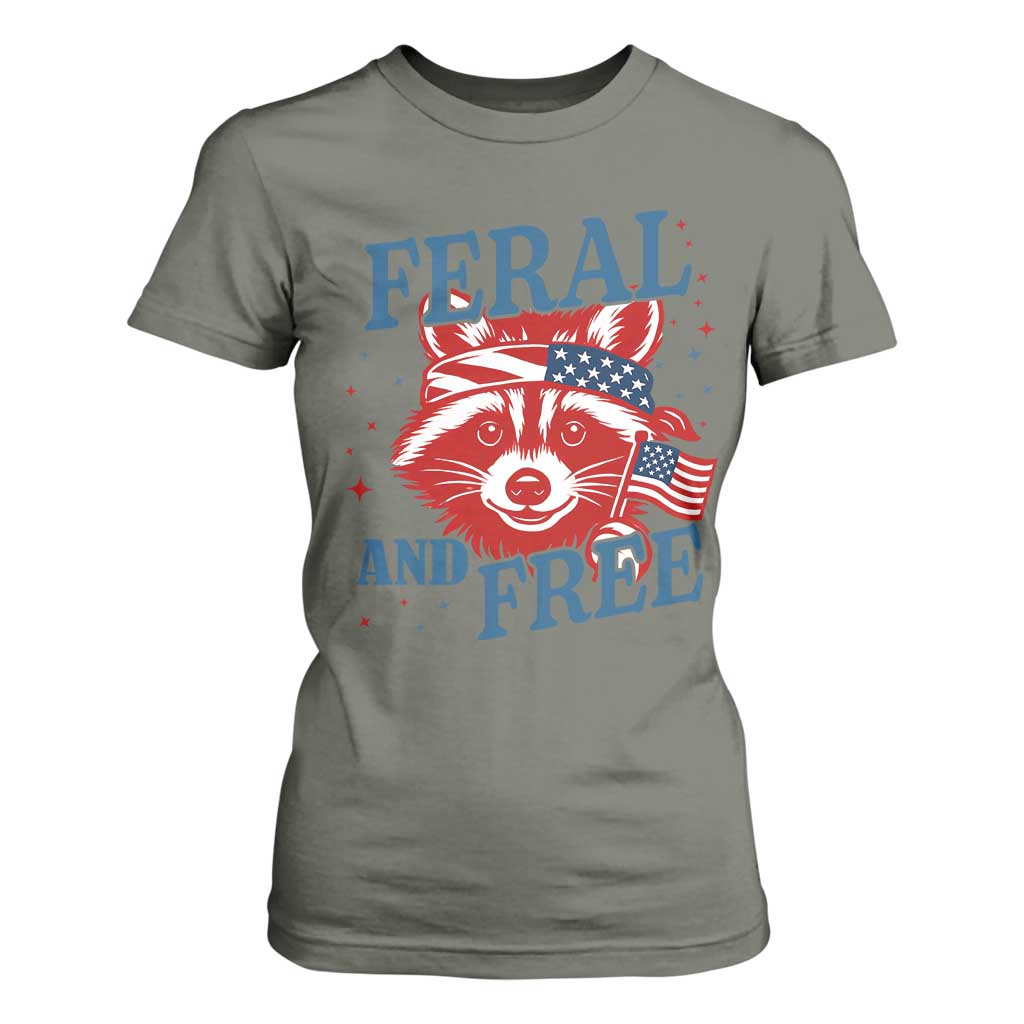 Funny Feral and Free Raccoon T Shirt For Women Patriotic Bandana Animal 4th of July US Flag TS02 Military Green Print Your Wear