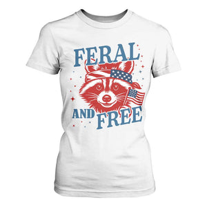 Funny Feral and Free Raccoon T Shirt For Women Patriotic Bandana Animal 4th of July US Flag TS02 White Print Your Wear