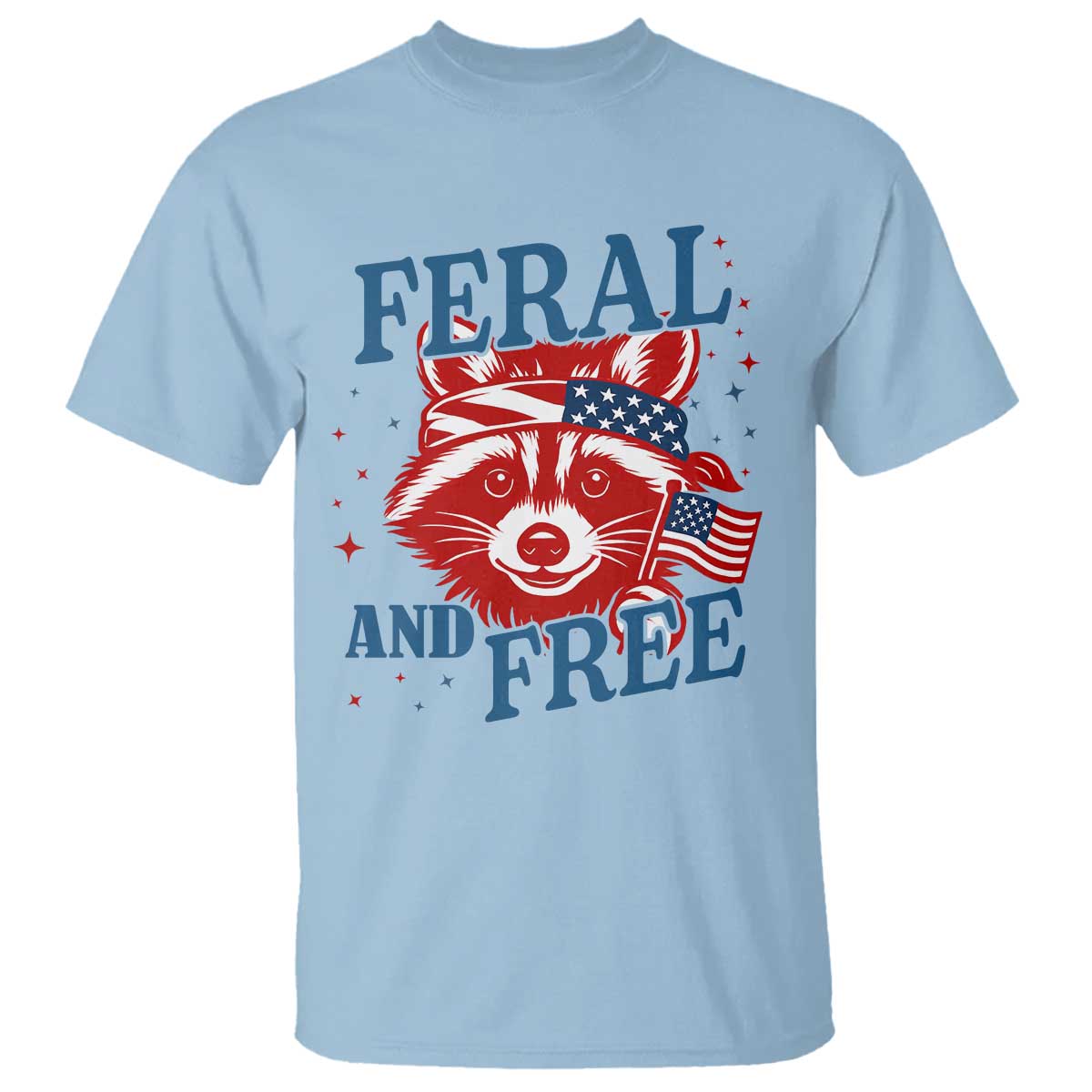 Funny Feral and Free Raccoon T Shirt Patriotic Bandana Animal 4th of July US Flag TS02 Light Blue Print Your Wear