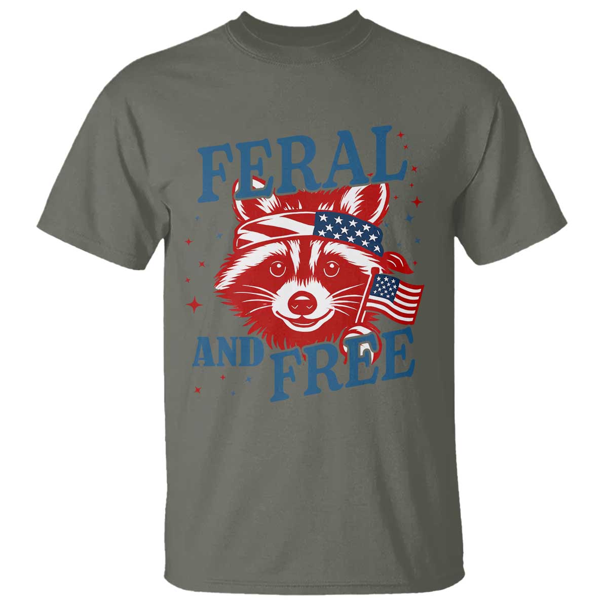 Funny Feral and Free Raccoon T Shirt Patriotic Bandana Animal 4th of July US Flag TS02 Military Green Print Your Wear