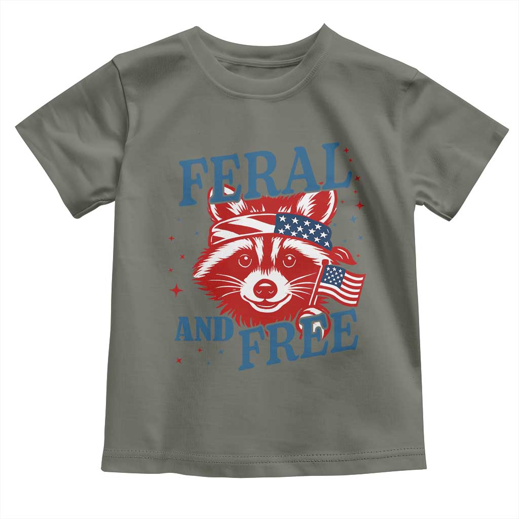 Funny Feral and Free Raccoon Toddler T Shirt Patriotic Bandana Animal 4th of July US Flag TS02 Military Green Print Your Wear