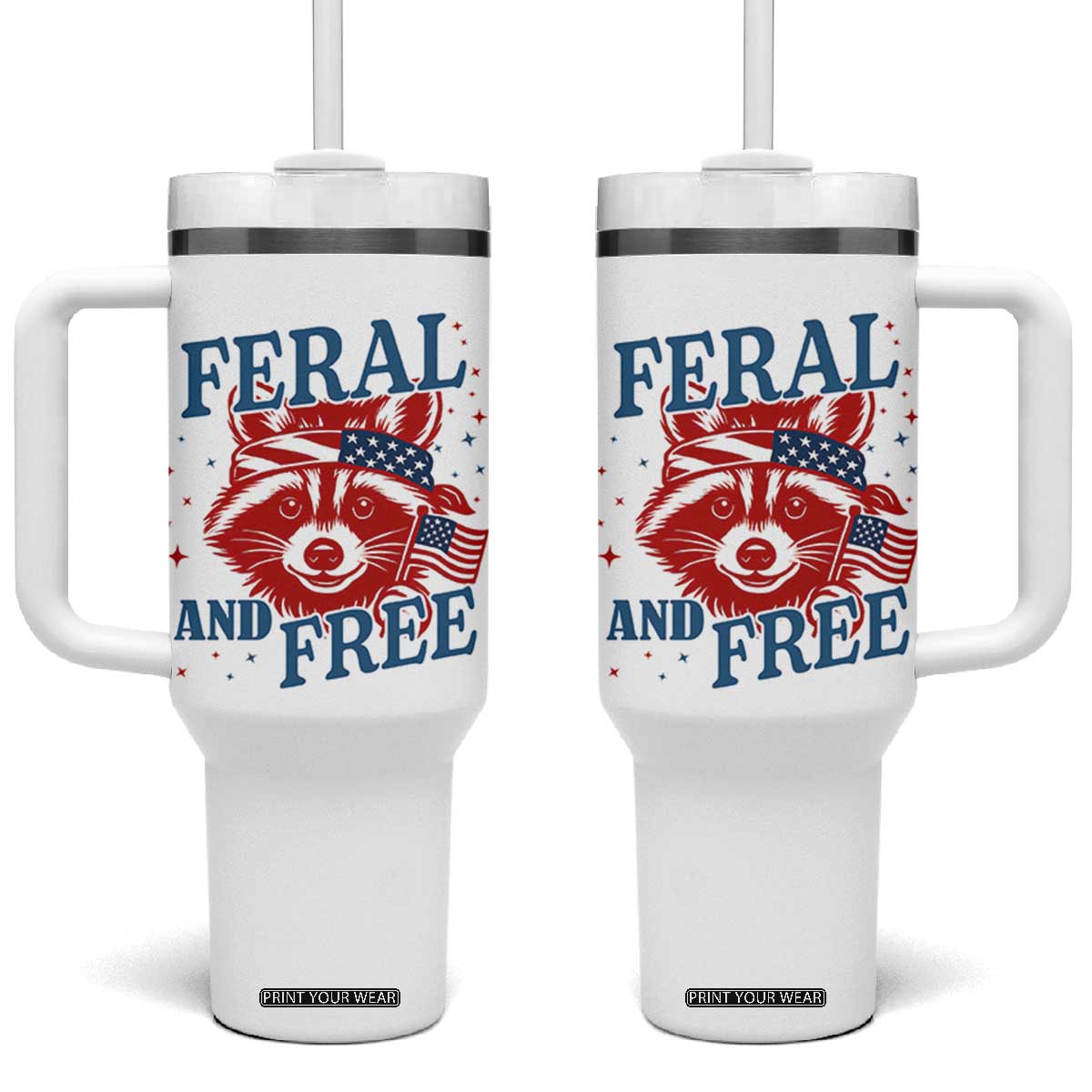 Funny Feral and Free Raccoon Tumbler With Handle Patriotic Bandana Animal 4th of July US Flag TS02 One Size: 40 oz White Print Your Wear