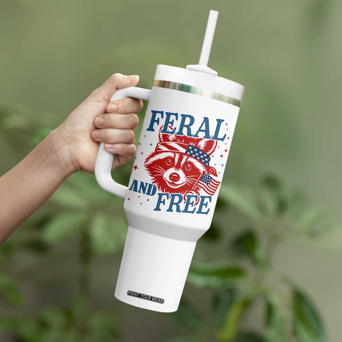 Funny Feral and Free Raccoon Tumbler With Handle Patriotic Bandana Animal 4th of July US Flag TS02 Print Your Wear