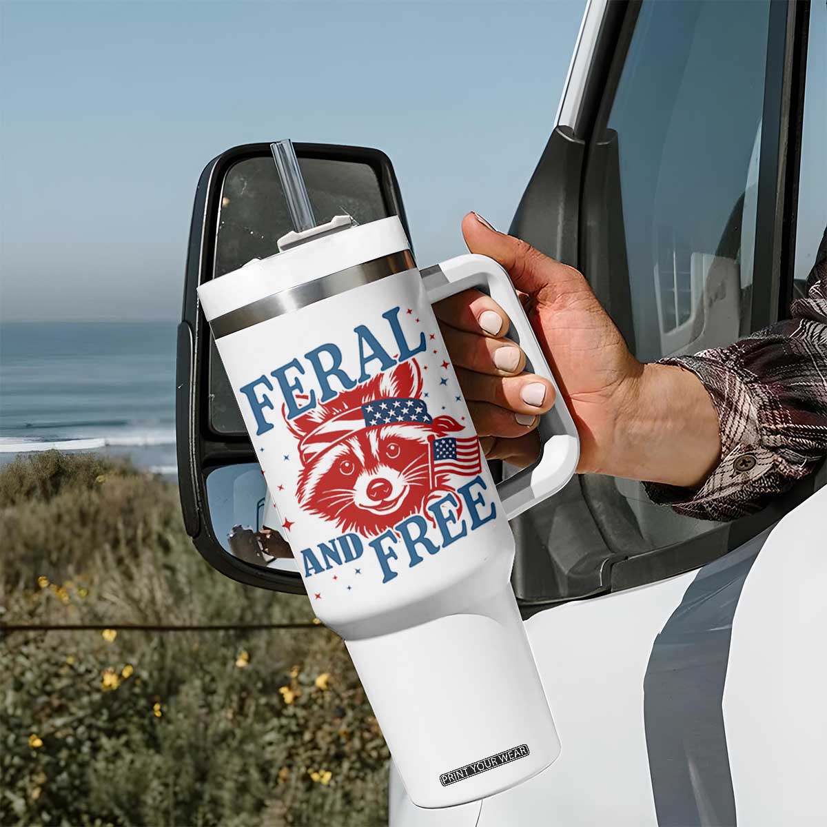Funny Feral and Free Raccoon Tumbler With Handle Patriotic Bandana Animal 4th of July US Flag TS02 Print Your Wear
