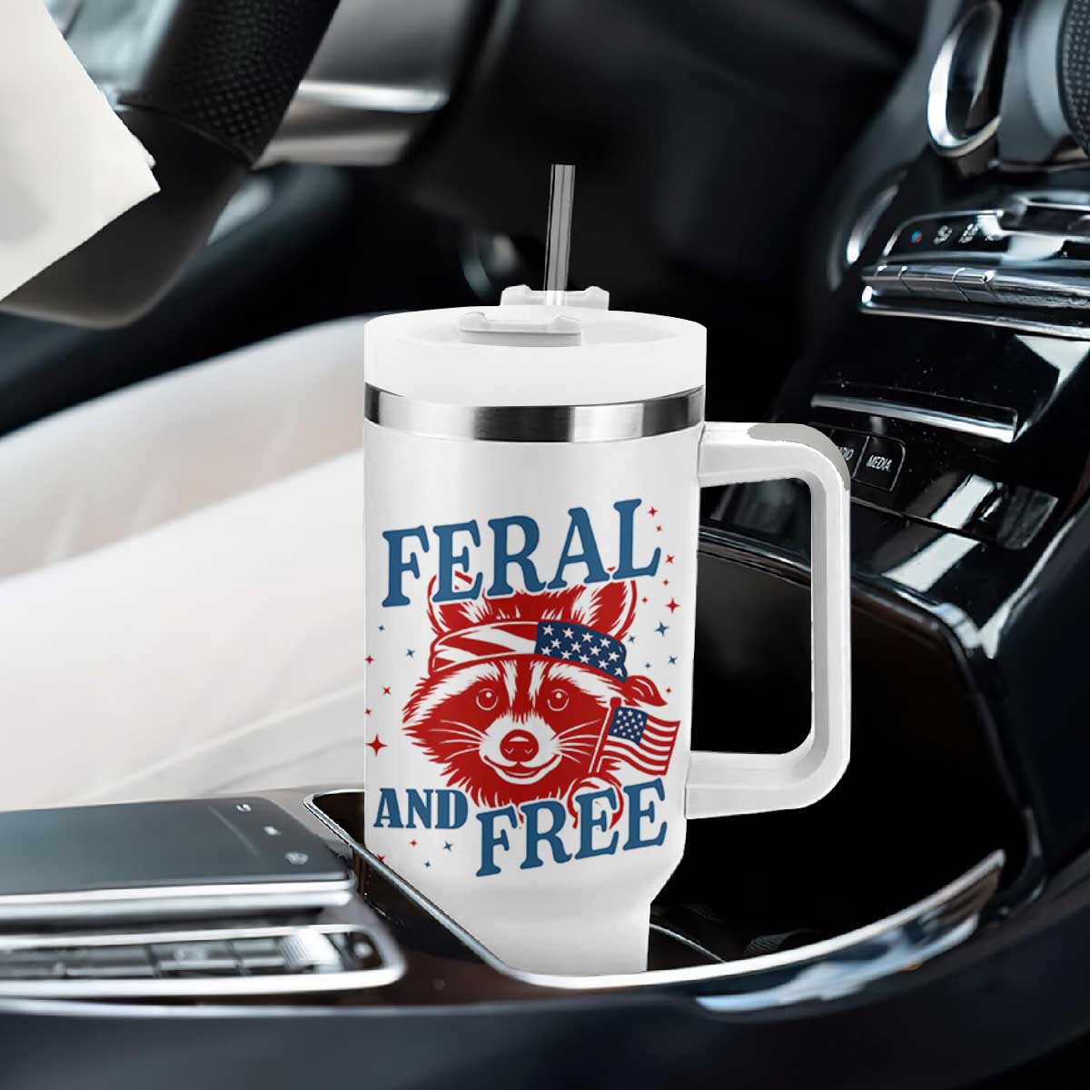 Funny Feral and Free Raccoon Tumbler With Handle Patriotic Bandana Animal 4th of July US Flag TS02 Print Your Wear