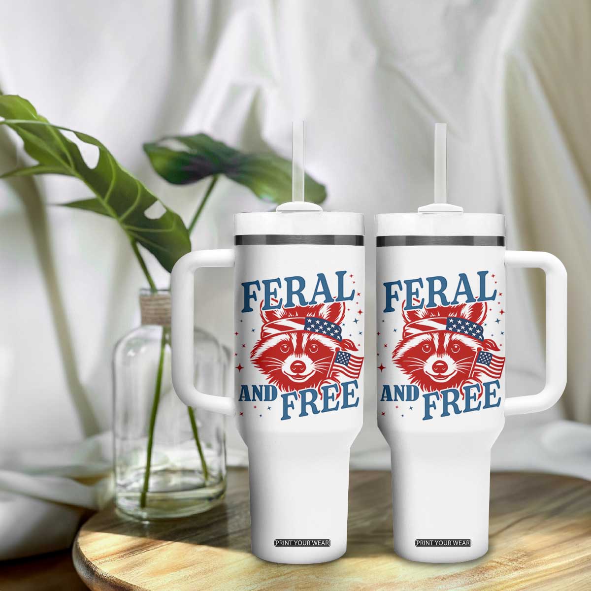 Funny Feral and Free Raccoon Tumbler With Handle Patriotic Bandana Animal 4th of July US Flag TS02 Print Your Wear