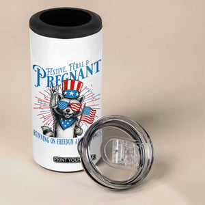 Funny Festive Feral and Pregnant 4 in 1 Can Cooler Tumbler Running On Freedom And Cravings 4th of July Maternity Raccoon TS11 Print Your Wear