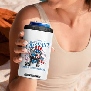 Funny Festive Feral and Pregnant 4 in 1 Can Cooler Tumbler Running On Freedom And Cravings 4th of July Maternity Raccoon TS11 Print Your Wear