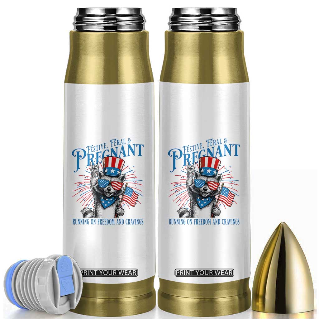 Funny Festive Feral and Pregnant Bullet Tumbler Running On Freedom And Cravings 4th of July Maternity Raccoon TS11 White Print Your Wear
