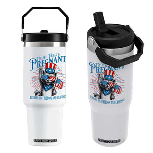 Funny Festive Feral and Pregnant Flip Straw Tumbler Running On Freedom And Cravings 4th of July Maternity Raccoon TS11 One Size: 30 oz White Print Your Wear