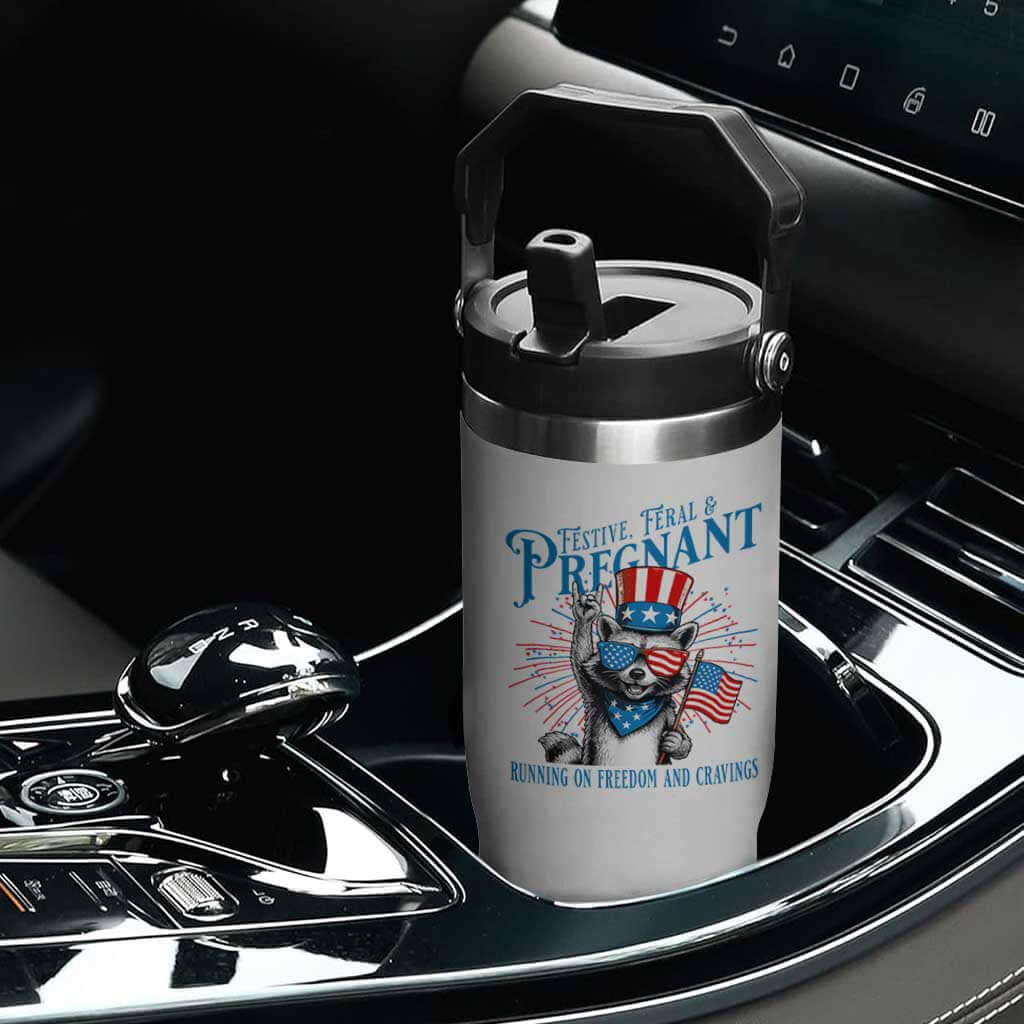 Funny Festive Feral and Pregnant Flip Straw Tumbler Running On Freedom And Cravings 4th of July Maternity Raccoon TS11 Print Your Wear
