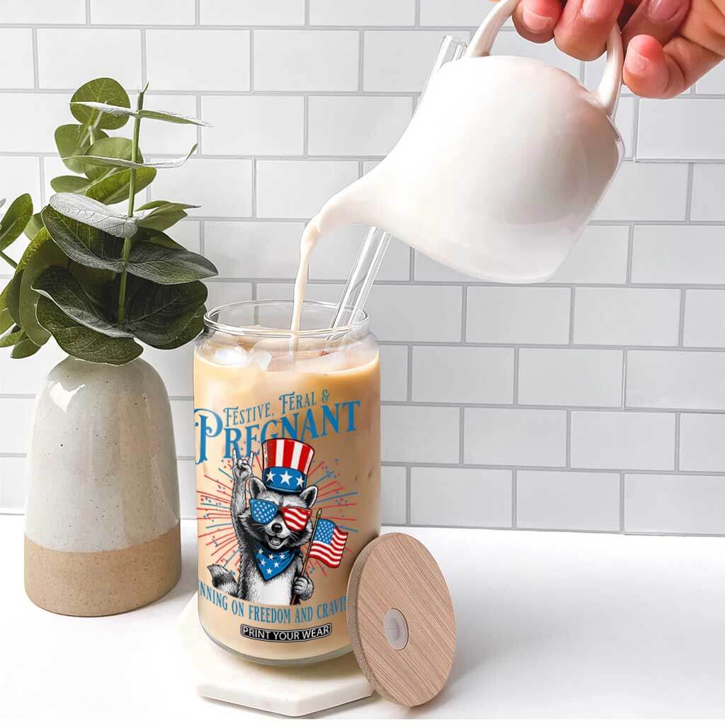 Funny Festive Feral and Pregnant Glass Can Running On Freedom And Cravings 4th of July Maternity Raccoon TS11 Print Your Wear