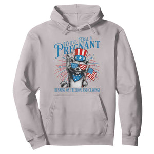 Funny Festive Feral and Pregnant Hoodie Running On Freedom And Cravings 4th of July Maternity Raccoon TS11 Ice Gray Print Your Wear