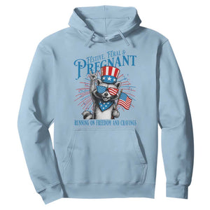 Funny Festive Feral and Pregnant Hoodie Running On Freedom And Cravings 4th of July Maternity Raccoon TS11 Light Blue Print Your Wear