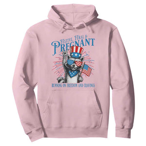 Funny Festive Feral and Pregnant Hoodie Running On Freedom And Cravings 4th of July Maternity Raccoon TS11 Light Pink Print Your Wear