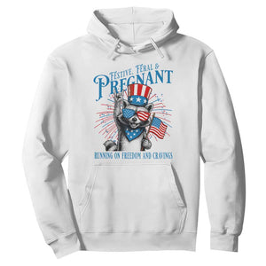 Funny Festive Feral and Pregnant Hoodie Running On Freedom And Cravings 4th of July Maternity Raccoon TS11 White Print Your Wear