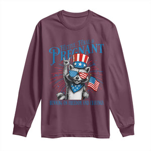 Funny Festive Feral and Pregnant Long Sleeve Shirt Running On Freedom And Cravings 4th of July Maternity Raccoon TS11 Maroon Print Your Wear