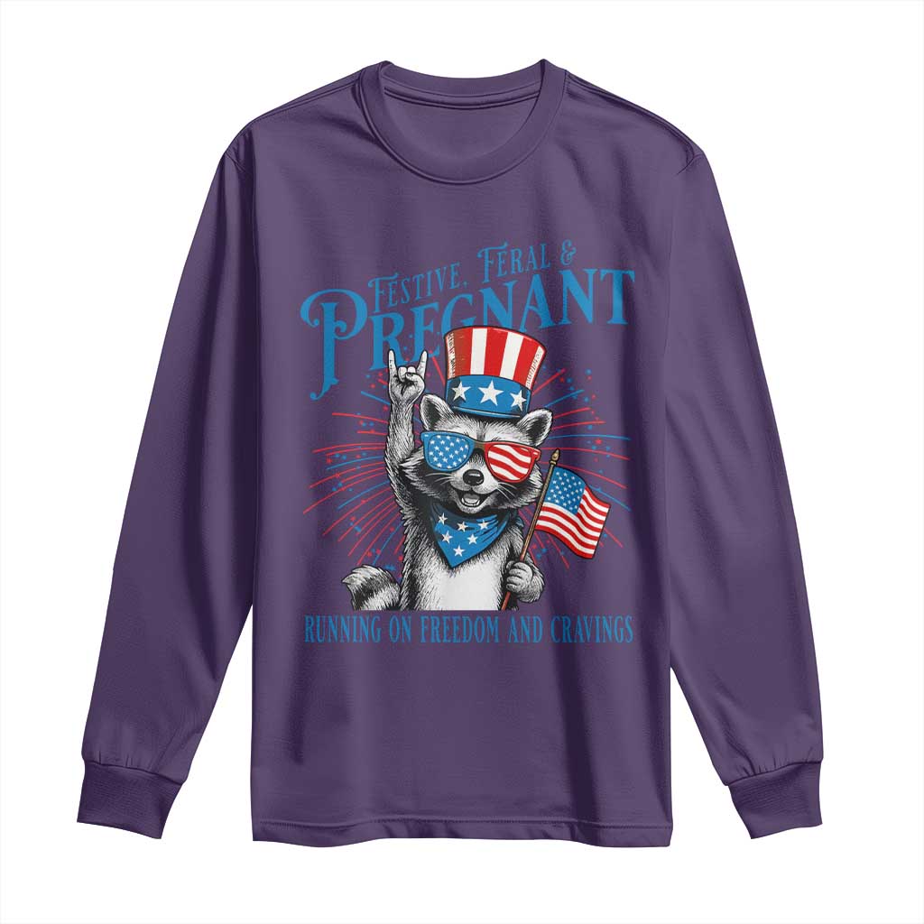 Funny Festive Feral and Pregnant Long Sleeve Shirt Running On Freedom And Cravings 4th of July Maternity Raccoon TS11 Purple Print Your Wear