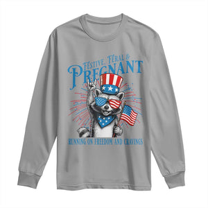 Funny Festive Feral and Pregnant Long Sleeve Shirt Running On Freedom And Cravings 4th of July Maternity Raccoon TS11 Sport Gray Print Your Wear
