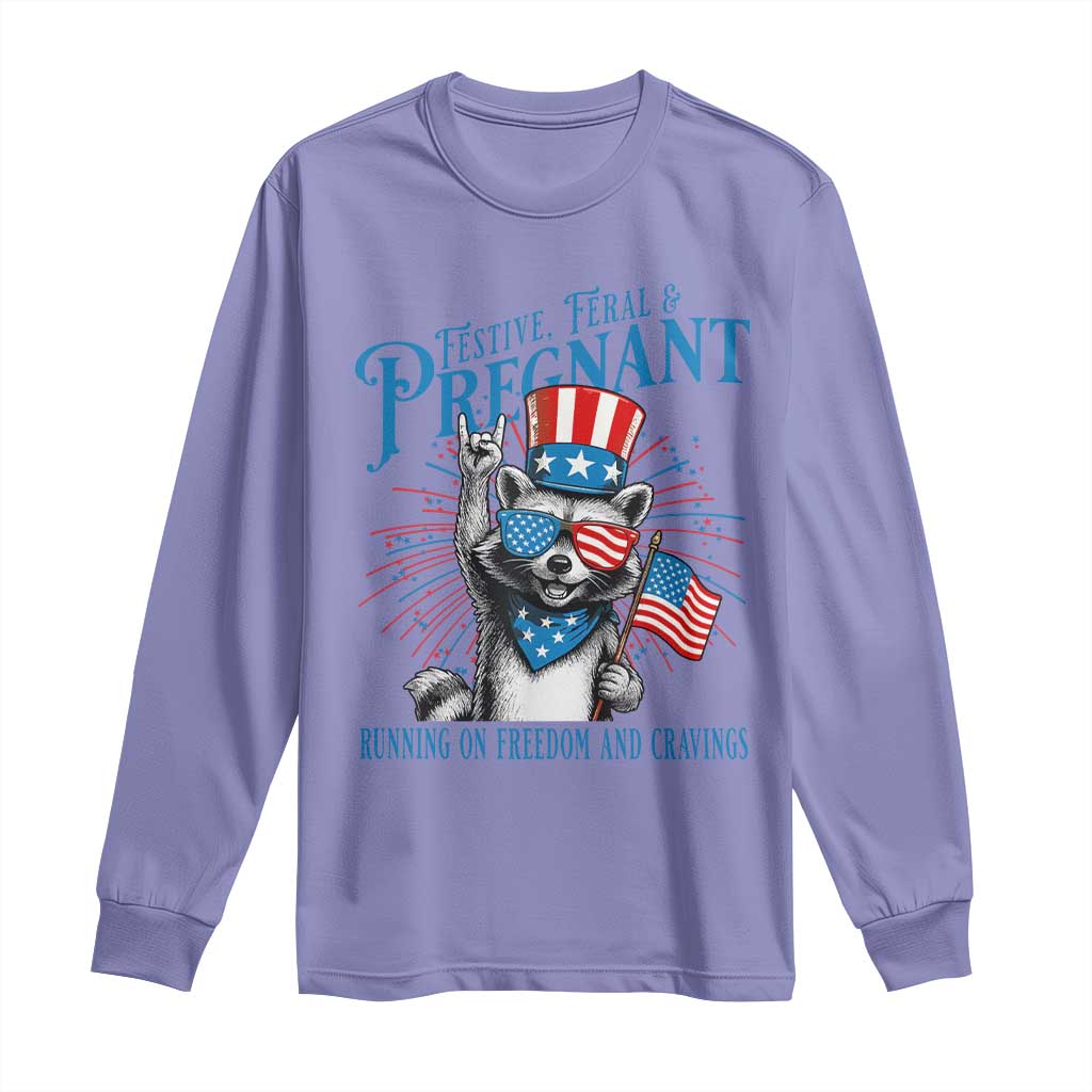 Funny Festive Feral and Pregnant Long Sleeve Shirt Running On Freedom And Cravings 4th of July Maternity Raccoon TS11 Violet Print Your Wear
