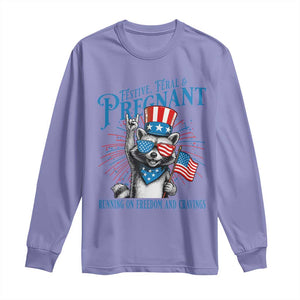 Funny Festive Feral and Pregnant Long Sleeve Shirt Running On Freedom And Cravings 4th of July Maternity Raccoon TS11 Violet Print Your Wear
