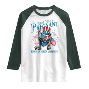 Funny Festive Feral and Pregnant Raglan Shirt Running On Freedom And Cravings 4th of July Maternity Raccoon TS11 White Dark Forest Green Print Your Wear