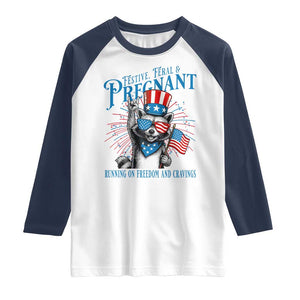 Funny Festive Feral and Pregnant Raglan Shirt Running On Freedom And Cravings 4th of July Maternity Raccoon TS11 White Navy Print Your Wear