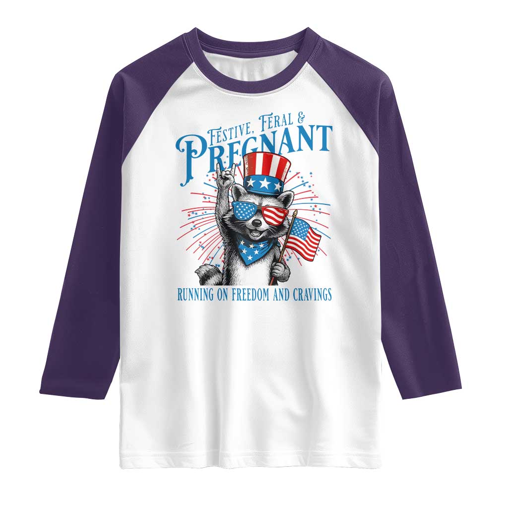Funny Festive Feral and Pregnant Raglan Shirt Running On Freedom And Cravings 4th of July Maternity Raccoon TS11 White Purple Print Your Wear