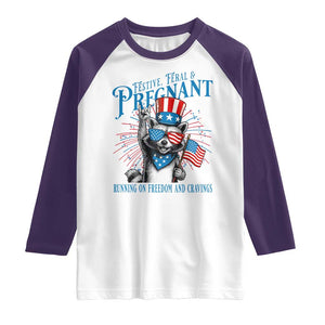 Funny Festive Feral and Pregnant Raglan Shirt Running On Freedom And Cravings 4th of July Maternity Raccoon TS11 White Purple Print Your Wear