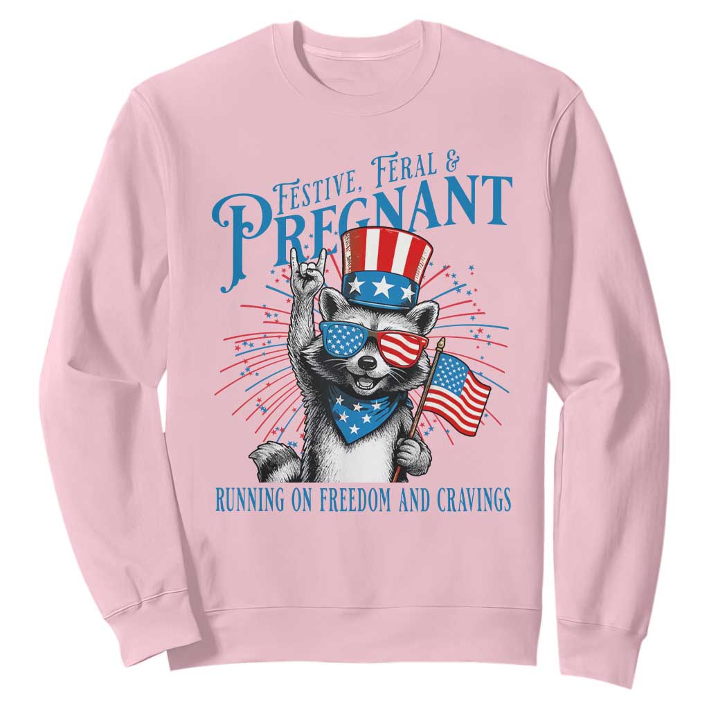 Funny Festive Feral and Pregnant Sweatshirt Running On Freedom And Cravings 4th of July Maternity Raccoon TS11 Light Pink Print Your Wear