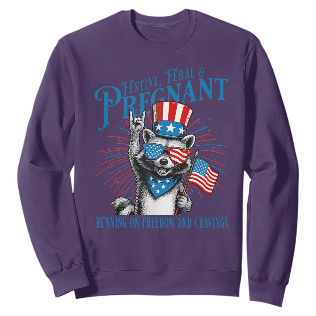 Funny Festive Feral and Pregnant Sweatshirt Running On Freedom And Cravings 4th of July Maternity Raccoon TS11 Purple Print Your Wear