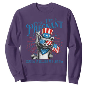 Funny Festive Feral and Pregnant Sweatshirt Running On Freedom And Cravings 4th of July Maternity Raccoon TS11 Purple Print Your Wear