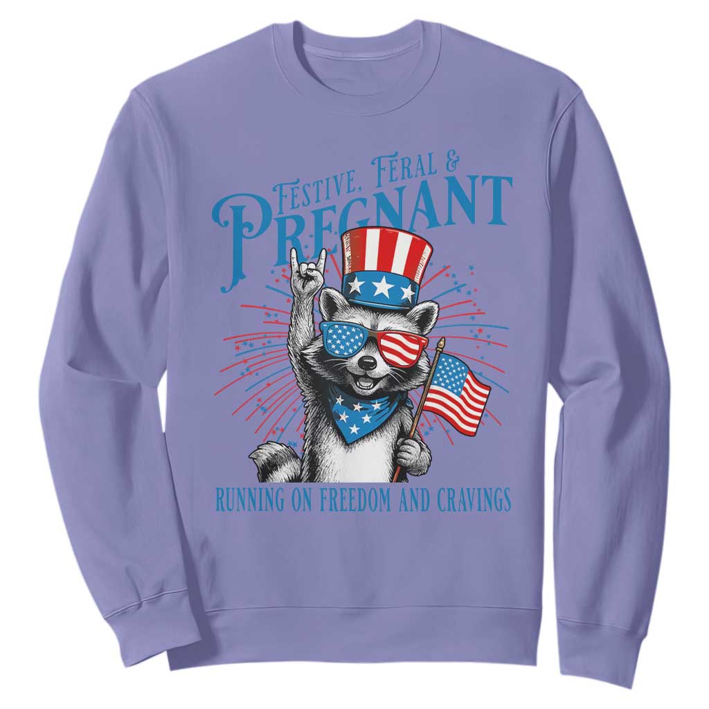 Funny Festive Feral and Pregnant Sweatshirt Running On Freedom And Cravings 4th of July Maternity Raccoon TS11 Violet Print Your Wear
