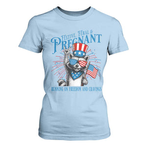 Funny Festive Feral and Pregnant T Shirt For Women Running On Freedom And Cravings 4th of July Maternity Raccoon TS11 Light Blue Print Your Wear
