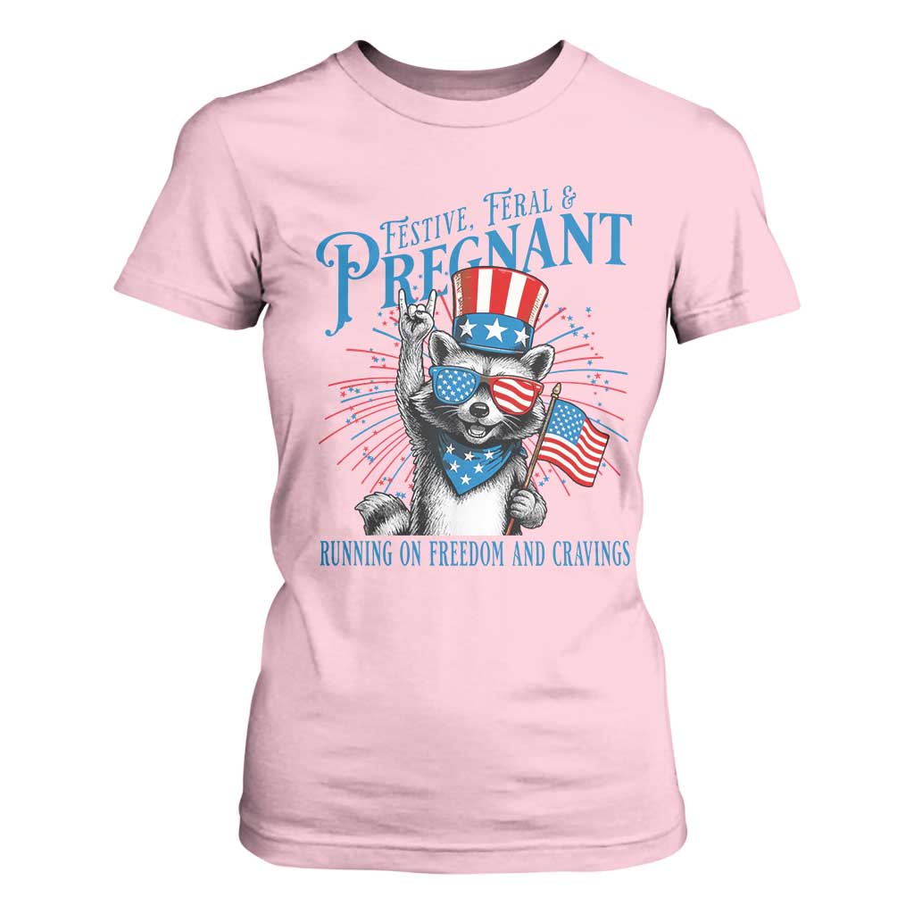 Funny Festive Feral and Pregnant T Shirt For Women Running On Freedom And Cravings 4th of July Maternity Raccoon TS11 Light Pink Print Your Wear
