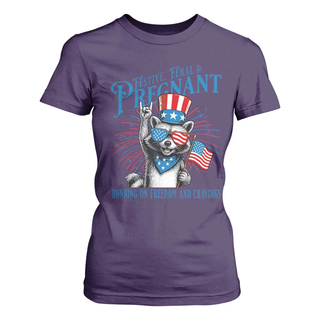 Funny Festive Feral and Pregnant T Shirt For Women Running On Freedom And Cravings 4th of July Maternity Raccoon TS11 Purple Print Your Wear