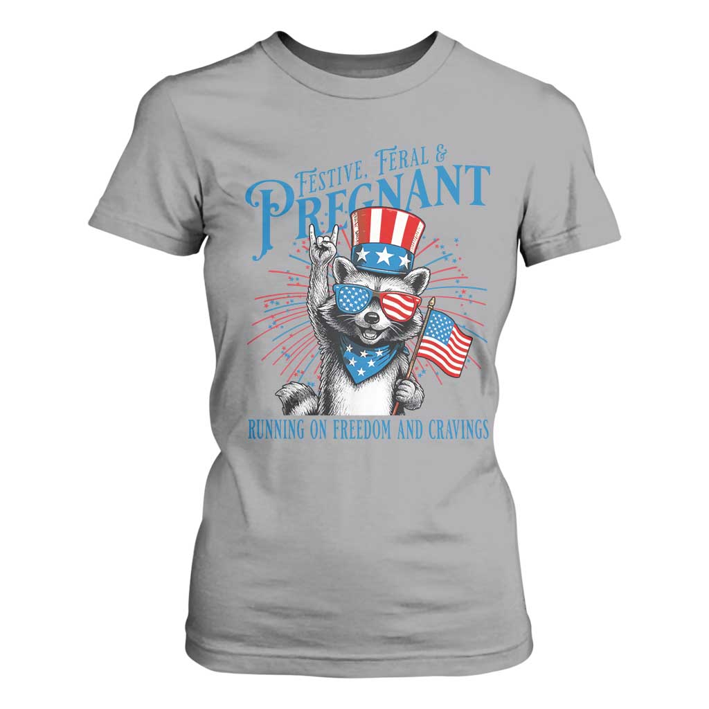 Funny Festive Feral and Pregnant T Shirt For Women Running On Freedom And Cravings 4th of July Maternity Raccoon TS11 Sport Gray Print Your Wear