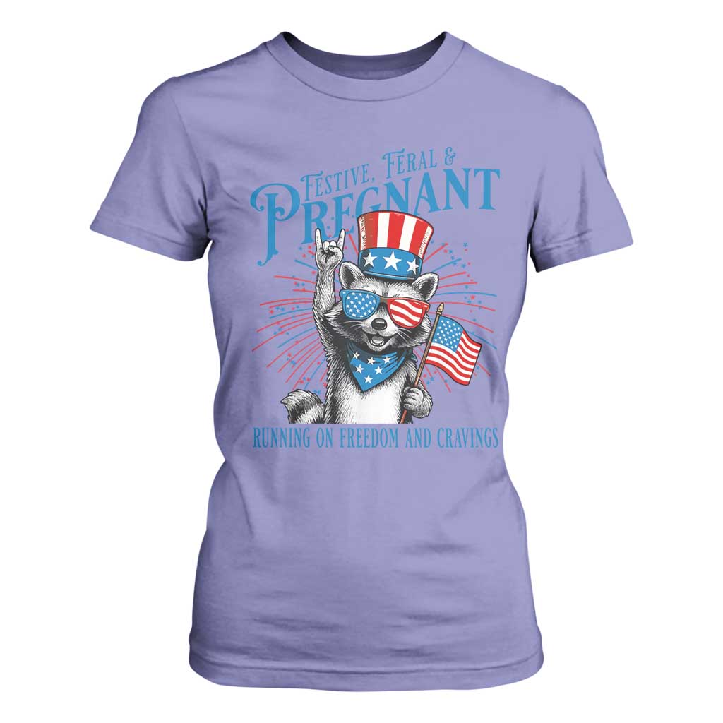 Funny Festive Feral and Pregnant T Shirt For Women Running On Freedom And Cravings 4th of July Maternity Raccoon TS11 Violet Print Your Wear