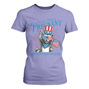 Funny Festive Feral and Pregnant T Shirt For Women Running On Freedom And Cravings 4th of July Maternity Raccoon TS11 Violet Print Your Wear