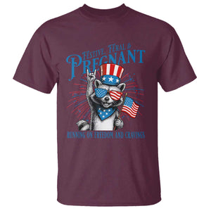 Funny Festive Feral and Pregnant T Shirt Running On Freedom And Cravings 4th of July Maternity Raccoon TS11 Maroon Print Your Wear