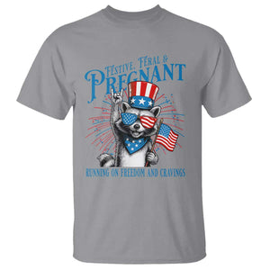 Funny Festive Feral and Pregnant T Shirt Running On Freedom And Cravings 4th of July Maternity Raccoon TS11 Sport Gray Print Your Wear