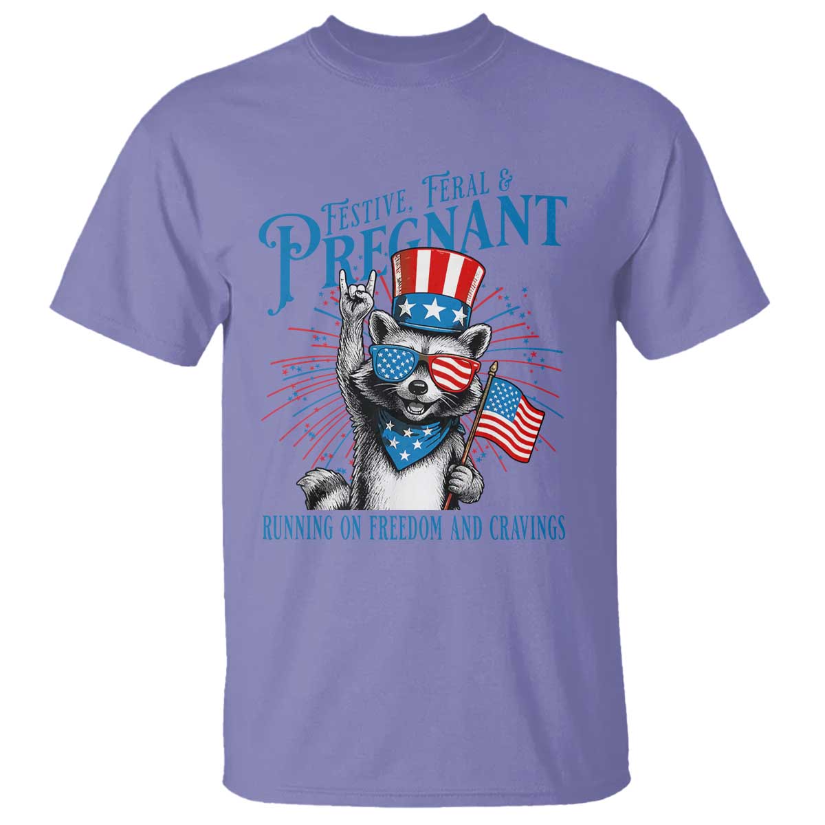 Funny Festive Feral and Pregnant T Shirt Running On Freedom And Cravings 4th of July Maternity Raccoon TS11 Violet Print Your Wear