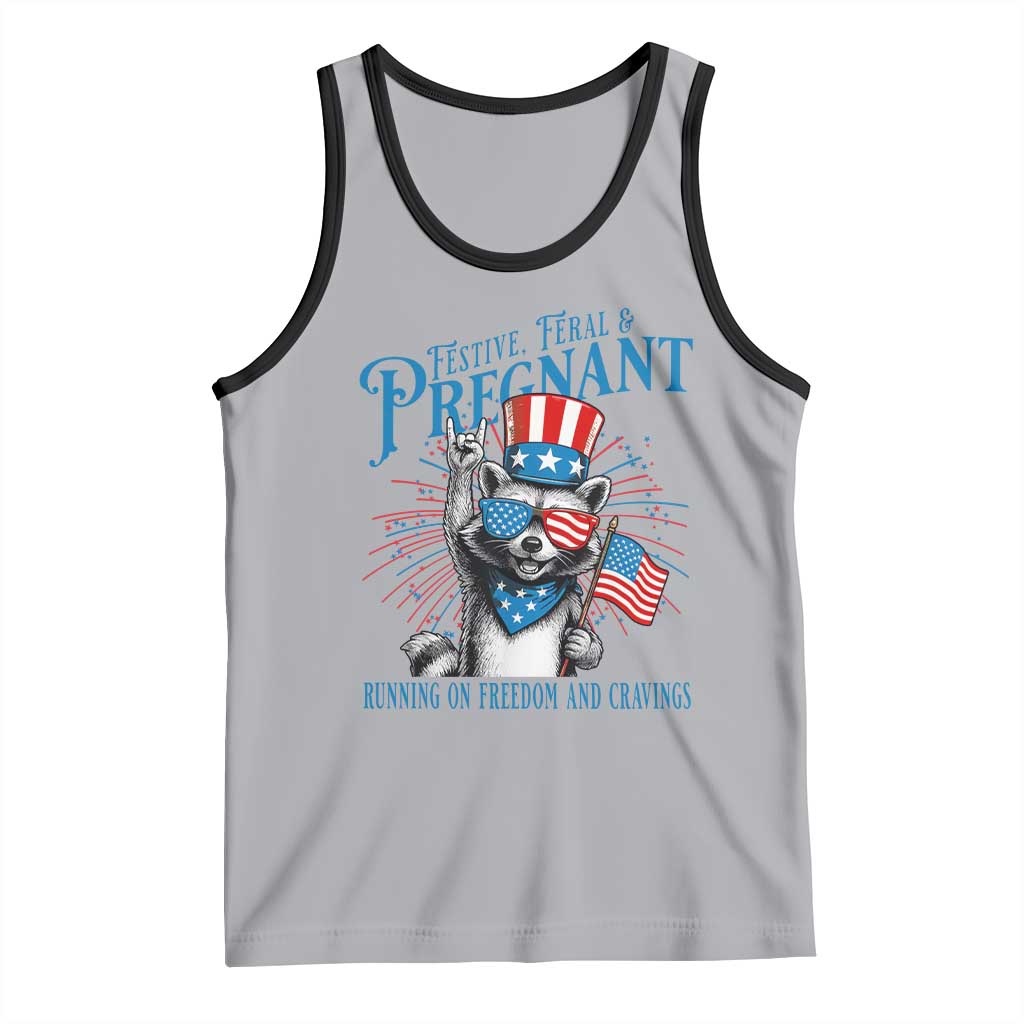 Funny Festive Feral and Pregnant Tank Top Running On Freedom And Cravings 4th of July Maternity Raccoon TS11 Athletic Heather Black Print Your Wear